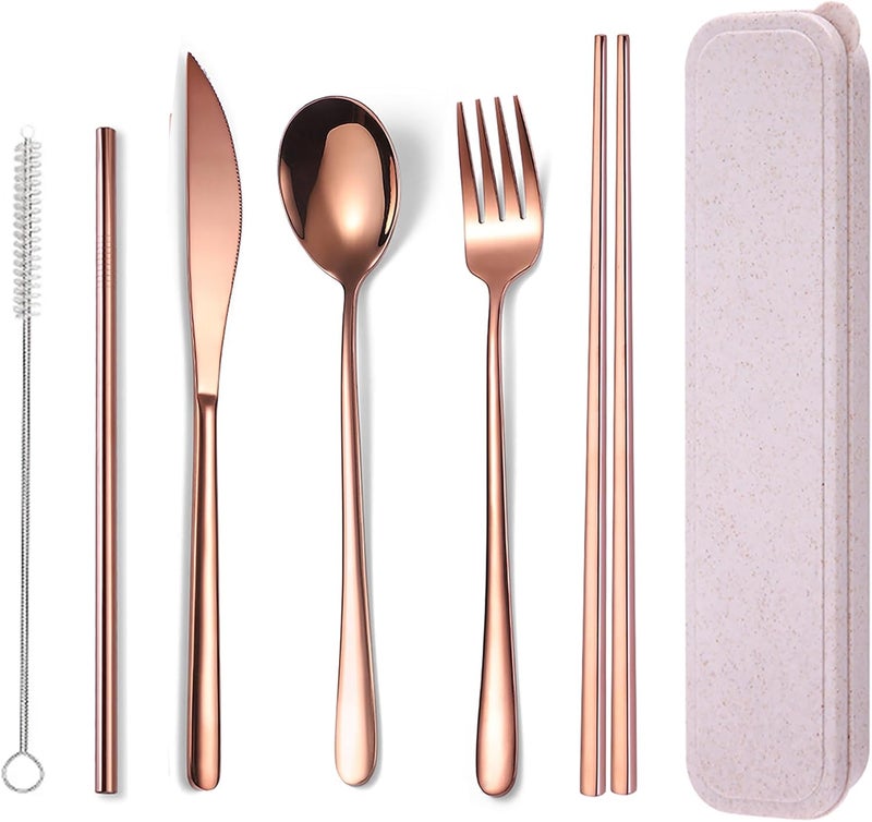 AARainbow 6 Pieces 18/8 Stainless Steel Flatware Set Portable Reusable Cutlery Set Travel Utensils Set Including Chopsticks Knife Fork Spoon Straws Cleaning Brush Dishwasher Safe (Rose Gold) - Image 1