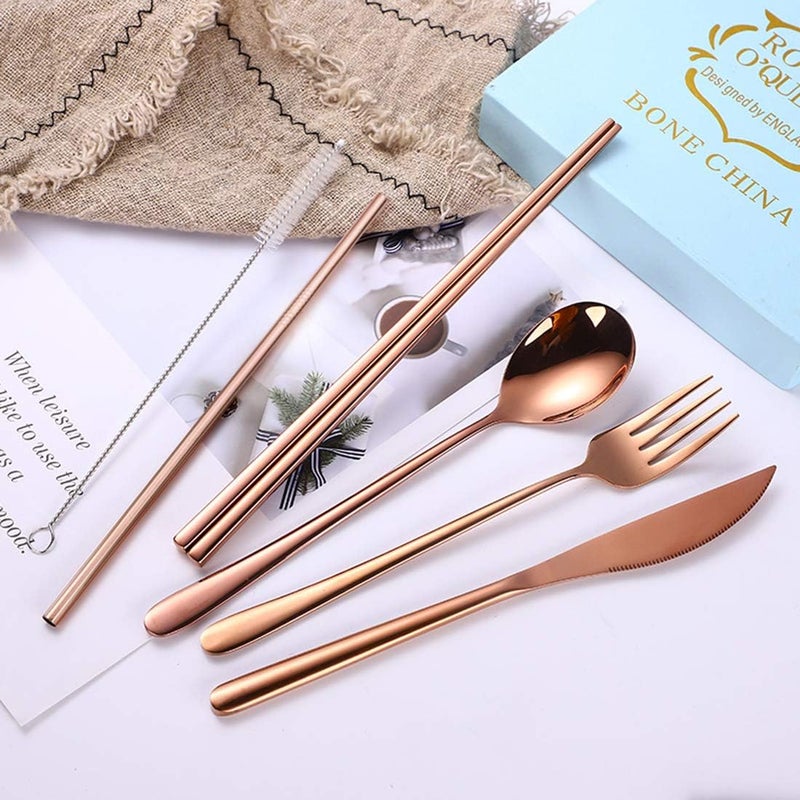 AARainbow 6 Pieces 18/8 Stainless Steel Flatware Set Portable Reusable Cutlery Set Travel Utensils Set Including Chopsticks Knife Fork Spoon Straws Cleaning Brush Dishwasher Safe (Rose Gold) - Image 2