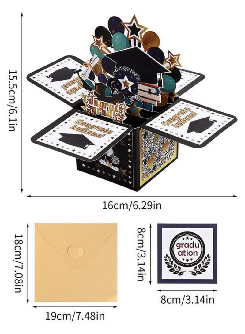 Generic 3D Graduation Pop Up Greeting Card MultiLayer Congrats Card with Doctor Hat Balloon Star & Book Design Elegant University Master PhD Graduate Gift Includes Envelope Art Paper Vibrant Colors  - Image 2