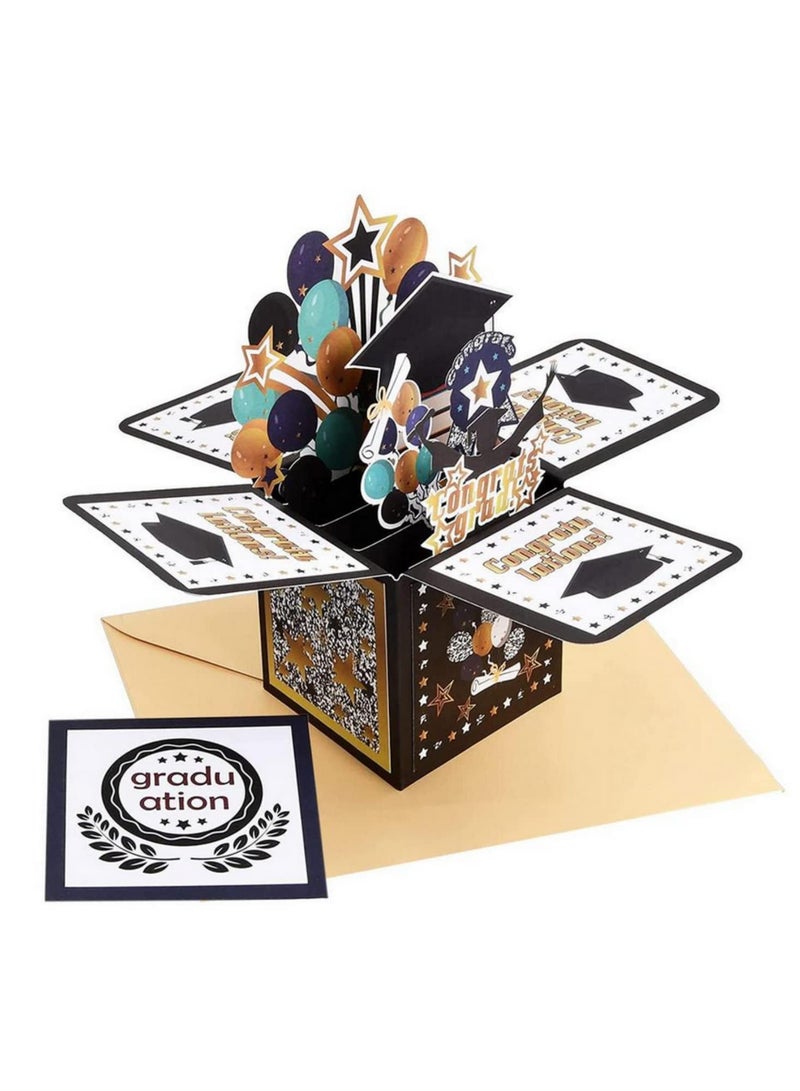 Generic 3D Graduation Pop Up Greeting Card MultiLayer Congrats Card with Doctor Hat Balloon Star & Book Design Elegant University Master PhD Graduate Gift Includes Envelope Art Paper Vibrant Colors  - Image 3