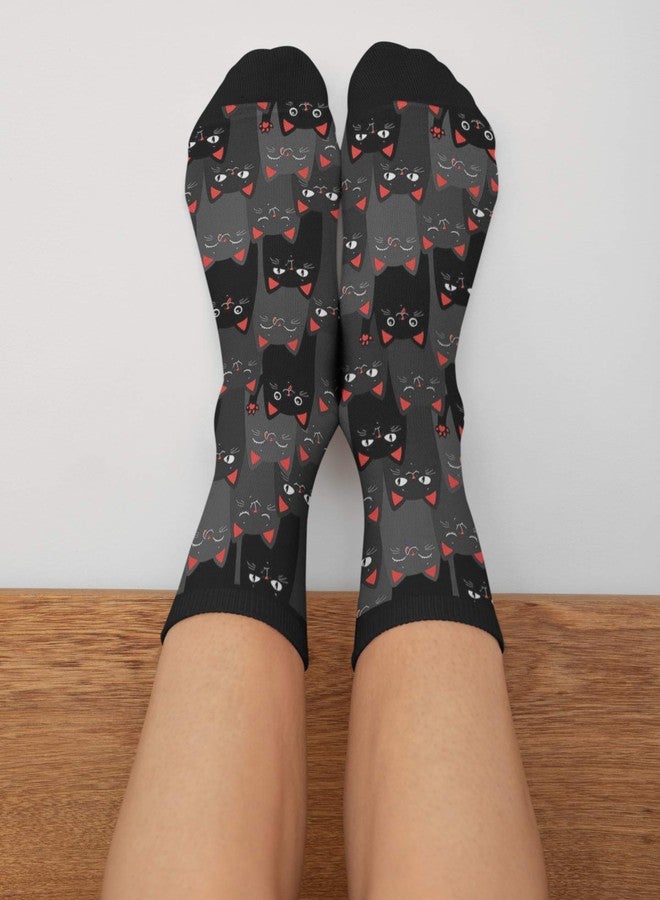 ياتيه جوارب ياتيه السوداء والرمادية بنقشة القطط، جوارب متوسطة الطول رسمية كاجوال طويلة للرجال والنساء والأولاد والبنات - Image 3