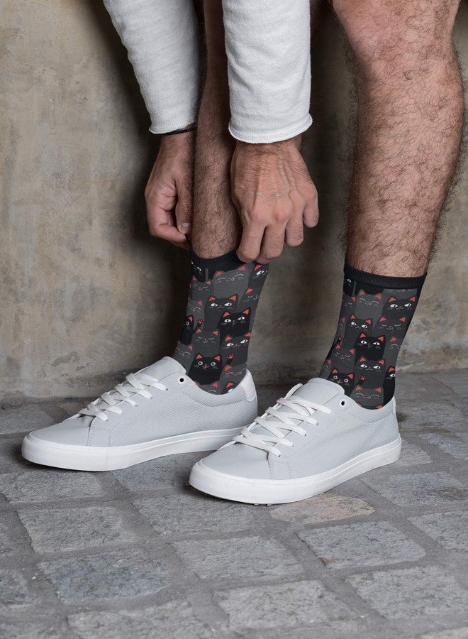 ياتيه جوارب ياتيه السوداء والرمادية بنقشة القطط، جوارب متوسطة الطول رسمية كاجوال طويلة للرجال والنساء والأولاد والبنات - Image 5