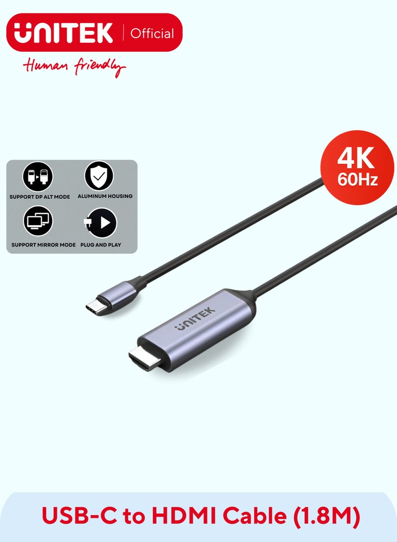 UNITEK USB-C to HDMI2.0 4K Cable, Type-C to HDMI 4K@60Hz Cable, Smartphone And USB-C Devices To HDMI TV, USB- C enabled Mac, iPad, XPS, Surface,Dell XPS 13, Galaxy S22, Gaming or video streaming, Stream with HDCP2.3. 1.8M  - Image 1