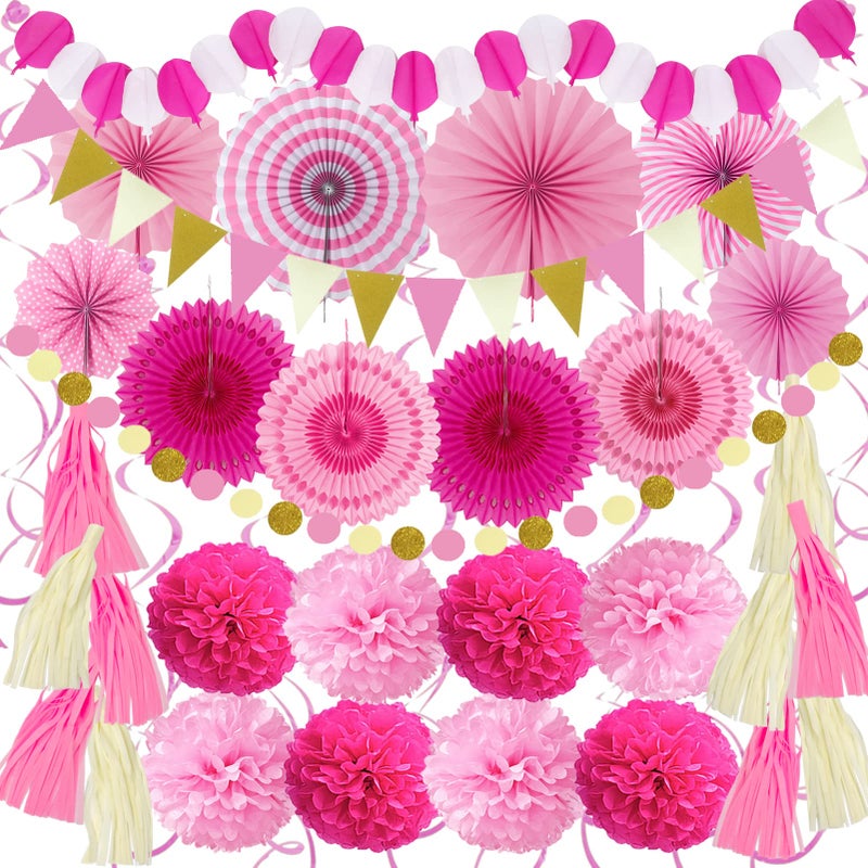 ZERODECO Party Decorations 41 Pcs Pink Papar Fans Pompoms Garlands String Tissue Paper Tassel for Fiesta Home Bridal Baby Shower Wedding Boy Girl Birthday Party