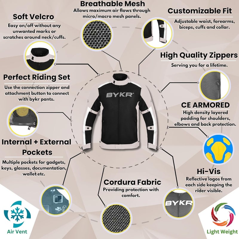 BYKR Mesh Motorcycle Jacket for Men - Breathable Protective Riding Gear with CE Armor - Grey XL - Image 4