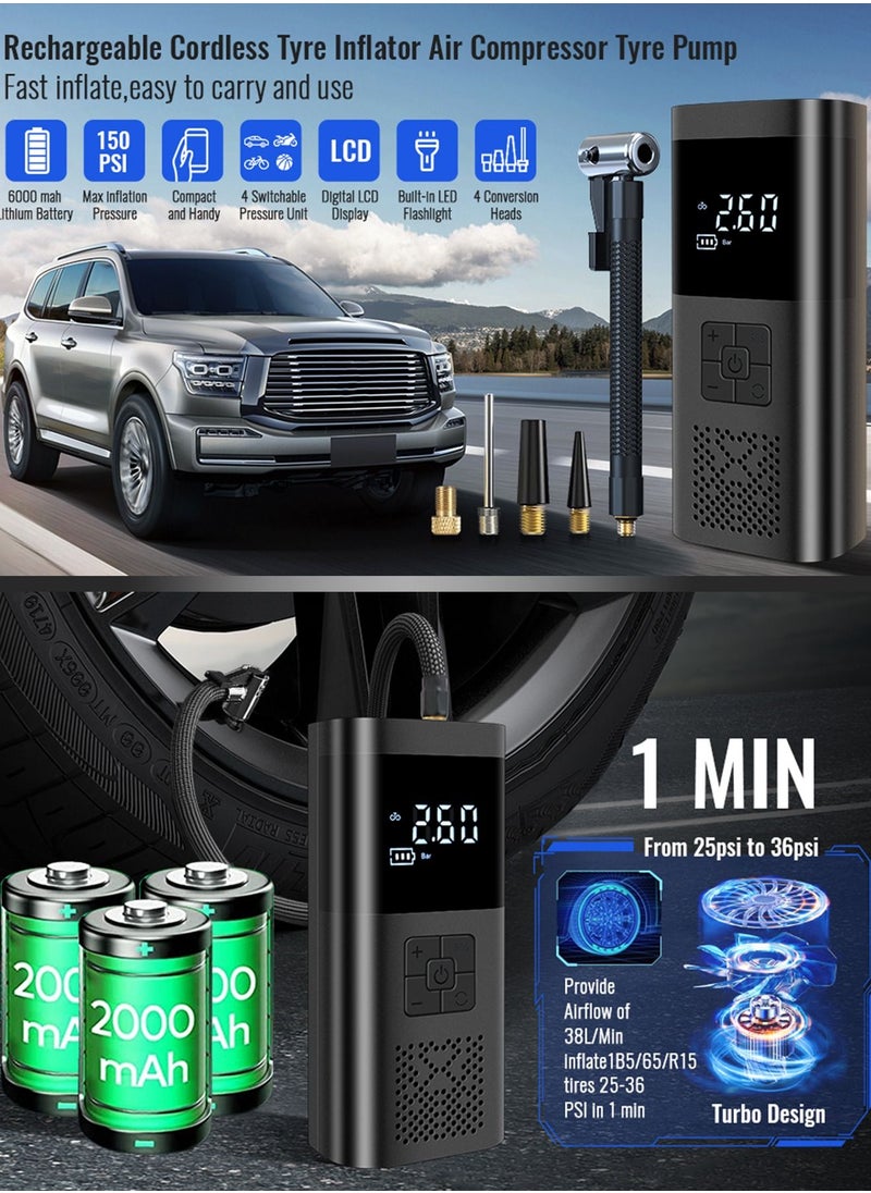 Rechargeable 150 PSI Car Tire Inflator Compressor With LED Light And Power Bank Feature