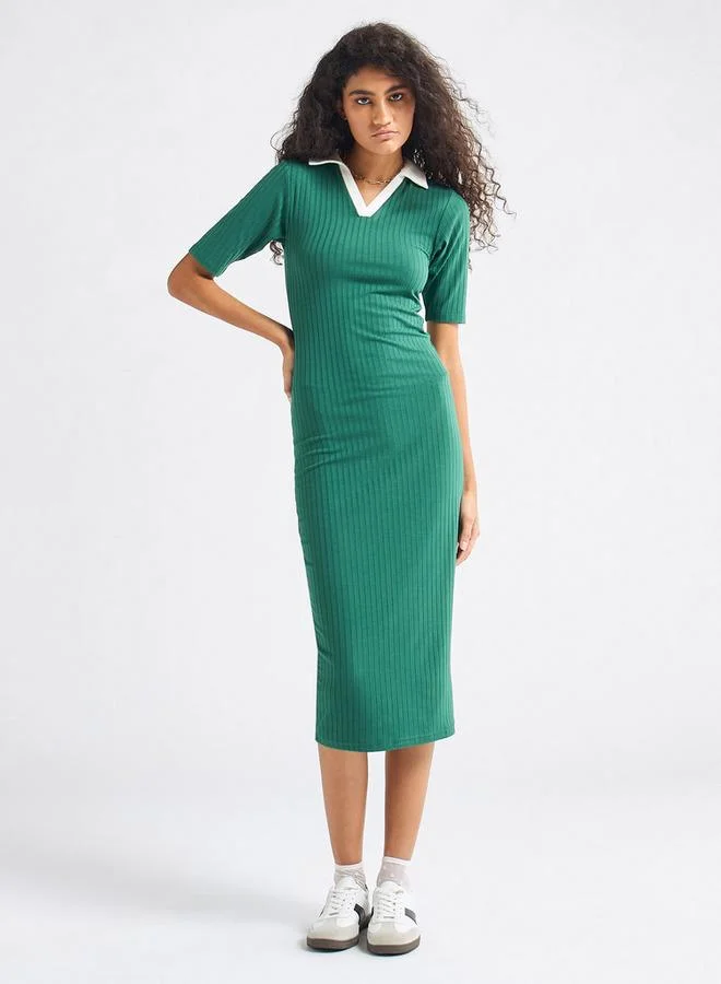 Splash FAV Striped Bodycon Dress with Collar and Short Sleeves