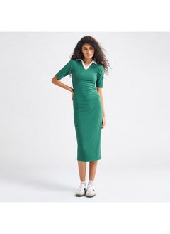 FAV Striped Bodycon Dress with Collar and Short Sleeves  - Image 1