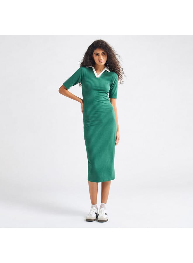 Splash FAV Striped Bodycon Dress with Collar and Short Sleeves  - Image 1