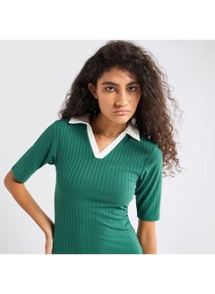 FAV Striped Bodycon Dress with Collar and Short Sleeves  - Image 4
