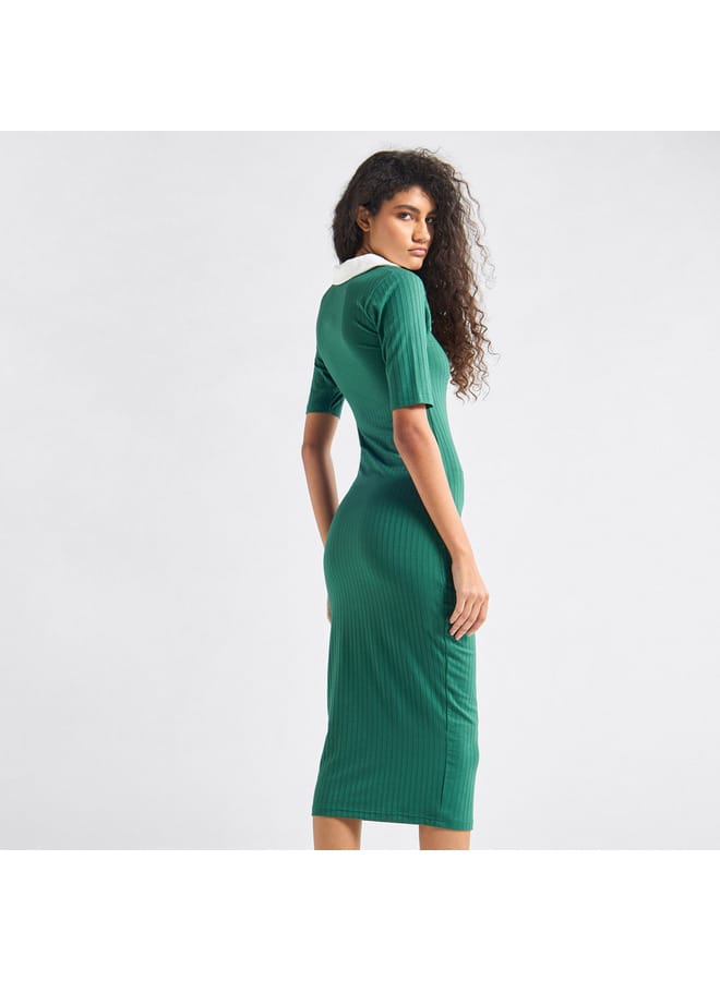 Splash FAV Striped Bodycon Dress with Collar and Short Sleeves  - Image 3