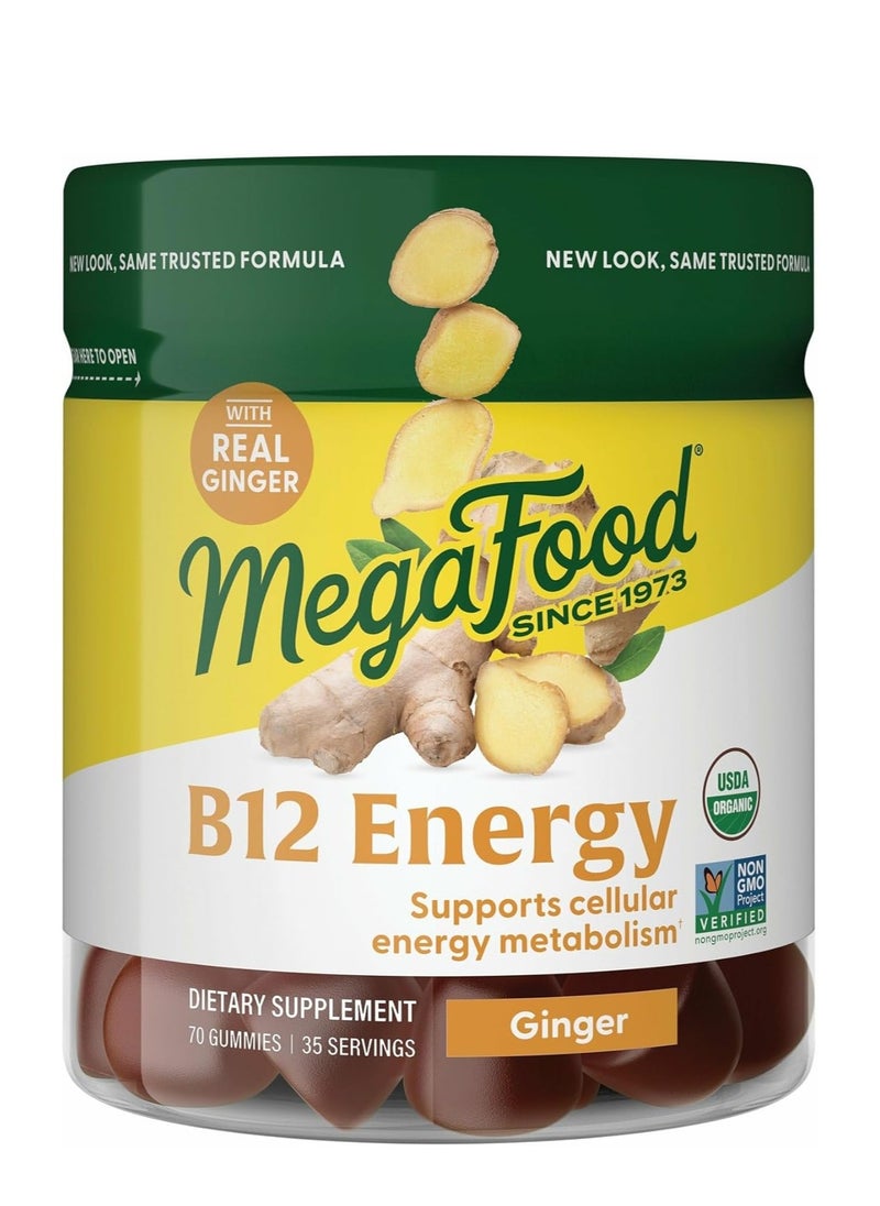 MegaFood Vitamin B12 Energy Gummies - Vegan - With Methyl B12 Vitamins to Support Cellular Energy Production - Ginger - Daily Vitamin B12 Supplement - USDA Organic - 70 Gummies, 35 Servings  - Image 1
