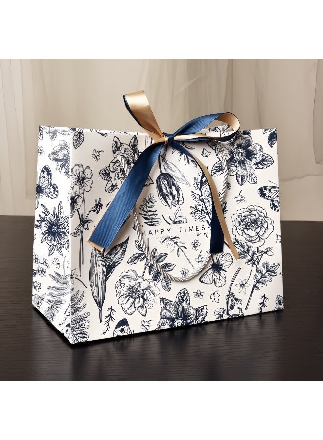 سيسلي أكياس هدايا ورقية 4 قطع بنقشة زهور أزرق وأبيض، 3 مقاسات كبير متوسط صغير، أشرطة أزرق كحلي وذهبي شامبانيا، طقم أكياس هدايا للحفلات وأعياد الميلاد والمناسبات الخاصة - Image 3