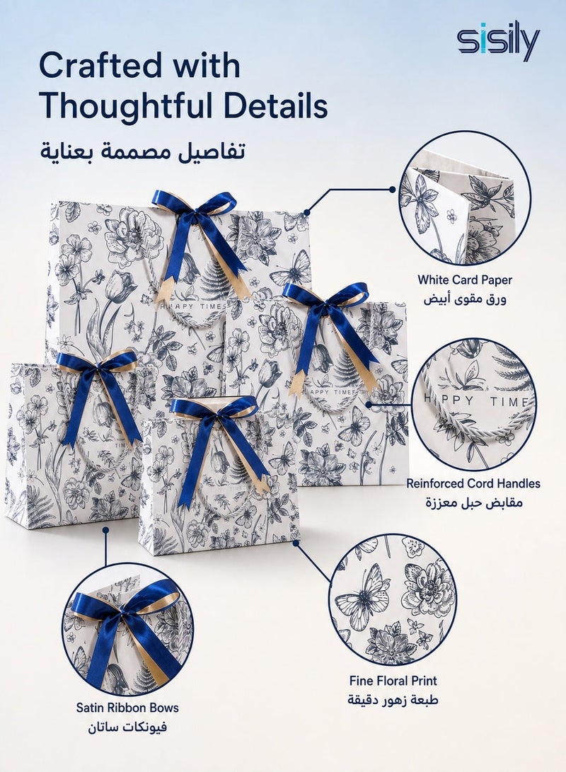 Sisily 4Pcs Paper Gift Bags, Blue & White Floral Set in 4 Sizes, White Card Paper with Reinforced Cord Handles and Ribbon Bows, for Birthday, Wedding, Party & Special Occasions - Image 2