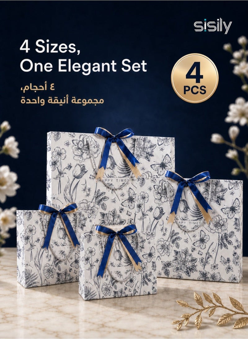 Sisily 4Pcs Paper Gift Bags, Blue & White Floral Set in 4 Sizes, White Card Paper with Reinforced Cord Handles and Ribbon Bows, for Birthday, Wedding, Party & Special Occasions - Image 1