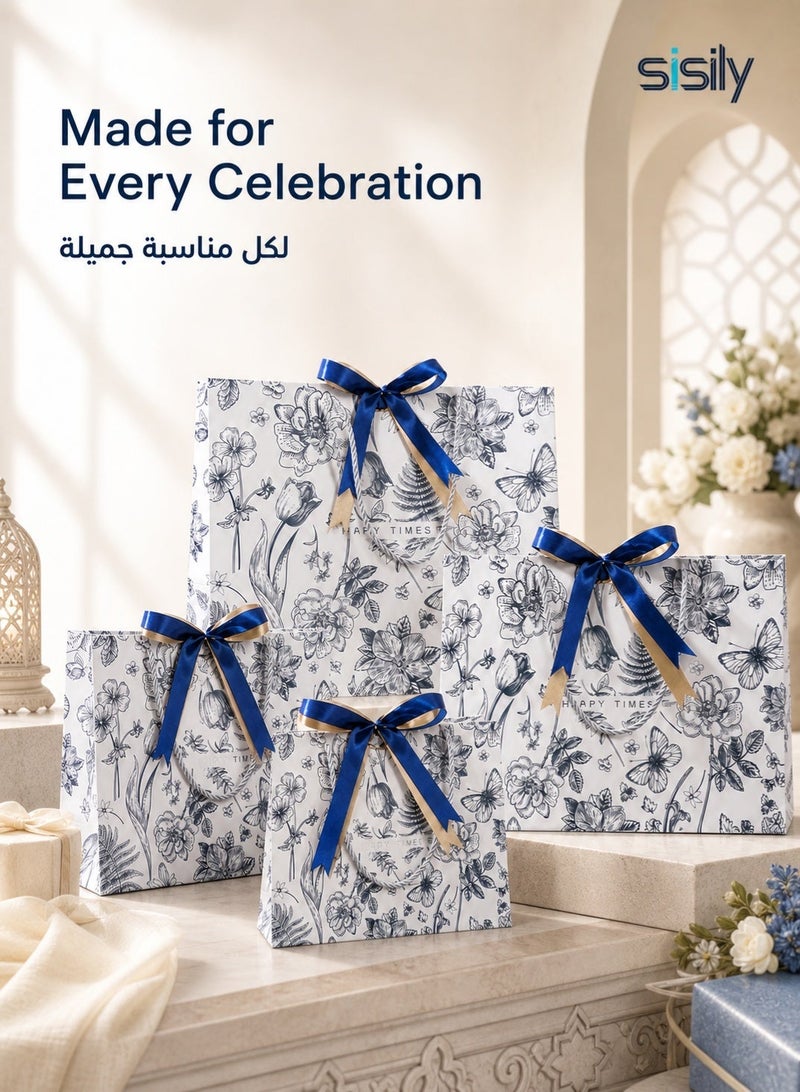 Sisily 4Pcs Paper Gift Bags, Blue & White Floral Set in 4 Sizes, White Card Paper with Reinforced Cord Handles and Ribbon Bows, for Birthday, Wedding, Party & Special Occasions - Image 3