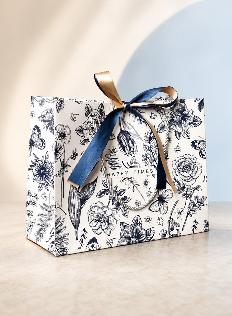 Sisily 4Pcs Paper Gift Bags, Blue & White Floral Set in 4 Sizes, White Card Paper with Reinforced Cord Handles and Ribbon Bows, for Birthday, Wedding, Party & Special Occasions - Image 5