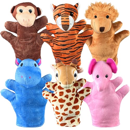 XIPEGPA 6 PCS Hand Puppets Set Animal Plush Puppet Elephant Tiger Giraffe Monkey Lion Hippo for Storytelling Playing Teaching Shows Playtime Schools Birthday Party Favor Supplies - Image 1