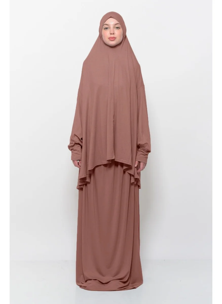 التوبة Practical Two Piece Cotton Bat Sleeves with Headscarf Organic Hijab Prayer Dress - Earthenware
