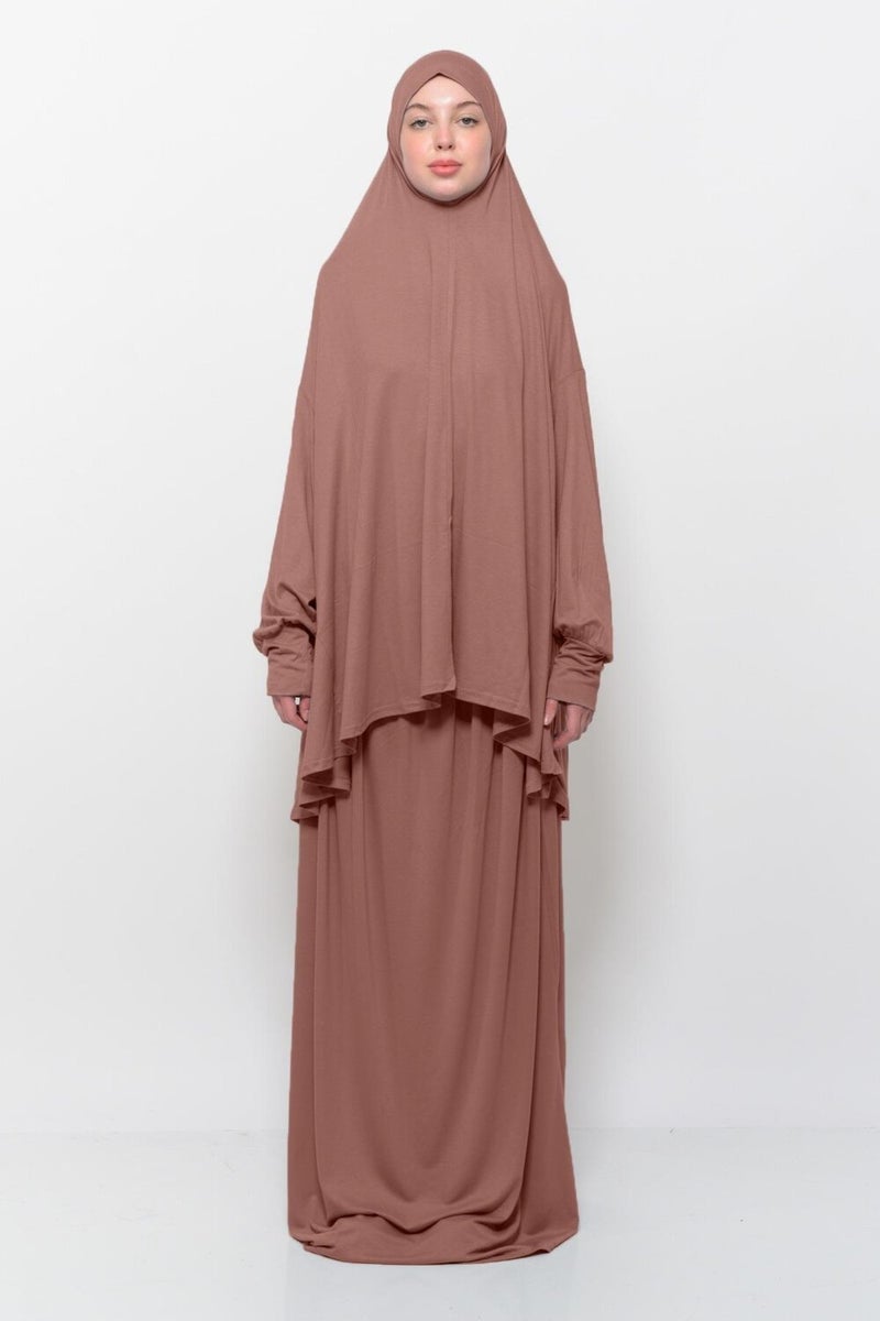 Altobeh Practical Two Piece Cotton Bat Sleeves with Headscarf Organic Hijab Prayer Dress - Earthenware  - Image 1