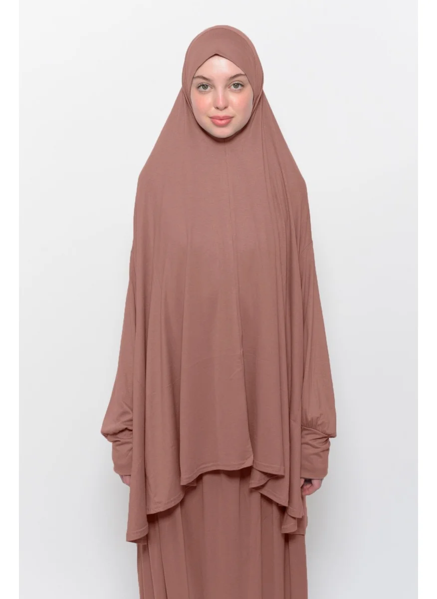 التوبة Practical Two Piece Cotton Bat Sleeves with Headscarf Organic Hijab Prayer Dress - Earthenware