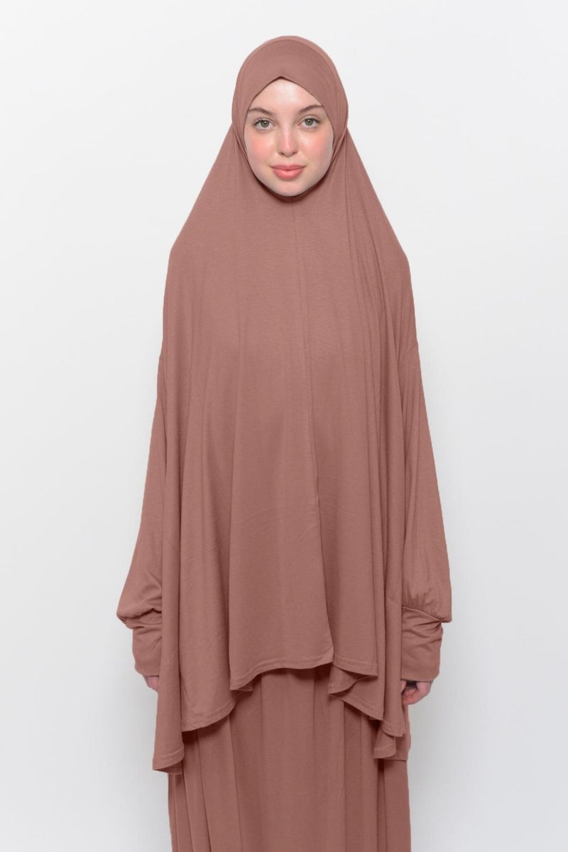 Altobeh Practical Two Piece Cotton Bat Sleeves with Headscarf Organic Hijab Prayer Dress - Earthenware  - Image 2