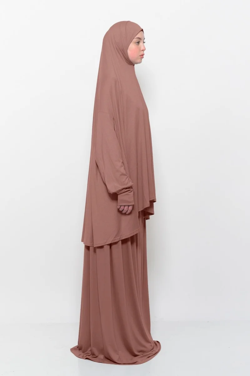 Altobeh Practical Two Piece Cotton Bat Sleeves with Headscarf Organic Hijab Prayer Dress - Earthenware