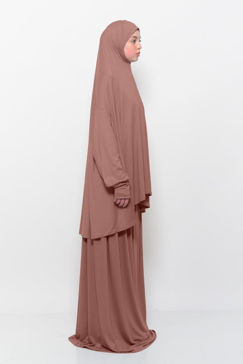 Altobeh Practical Two Piece Cotton Bat Sleeves with Headscarf Organic Hijab Prayer Dress - Earthenware  - Image 3