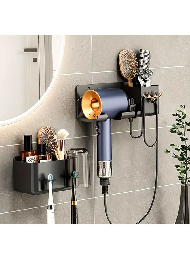 Beige Wall Mounted Hair Dryer Holder With Toothbrush Storage Bathroom Organizer Easy Installation No Punch - Image 1