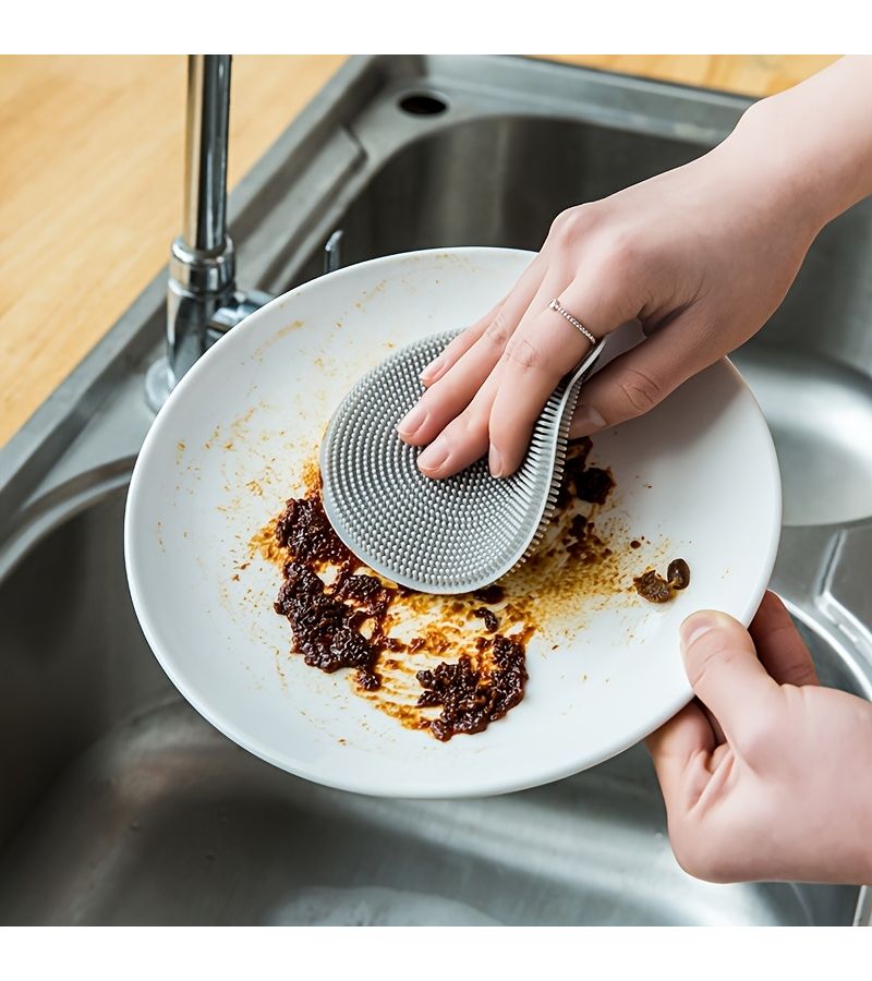 فرشاة غسيل الأطباق متعددة الوظائف من السيليكون الرمادي، مزدوجة الجوانب غير لاصقة، أداة تنظيف المطبخ - Image 1