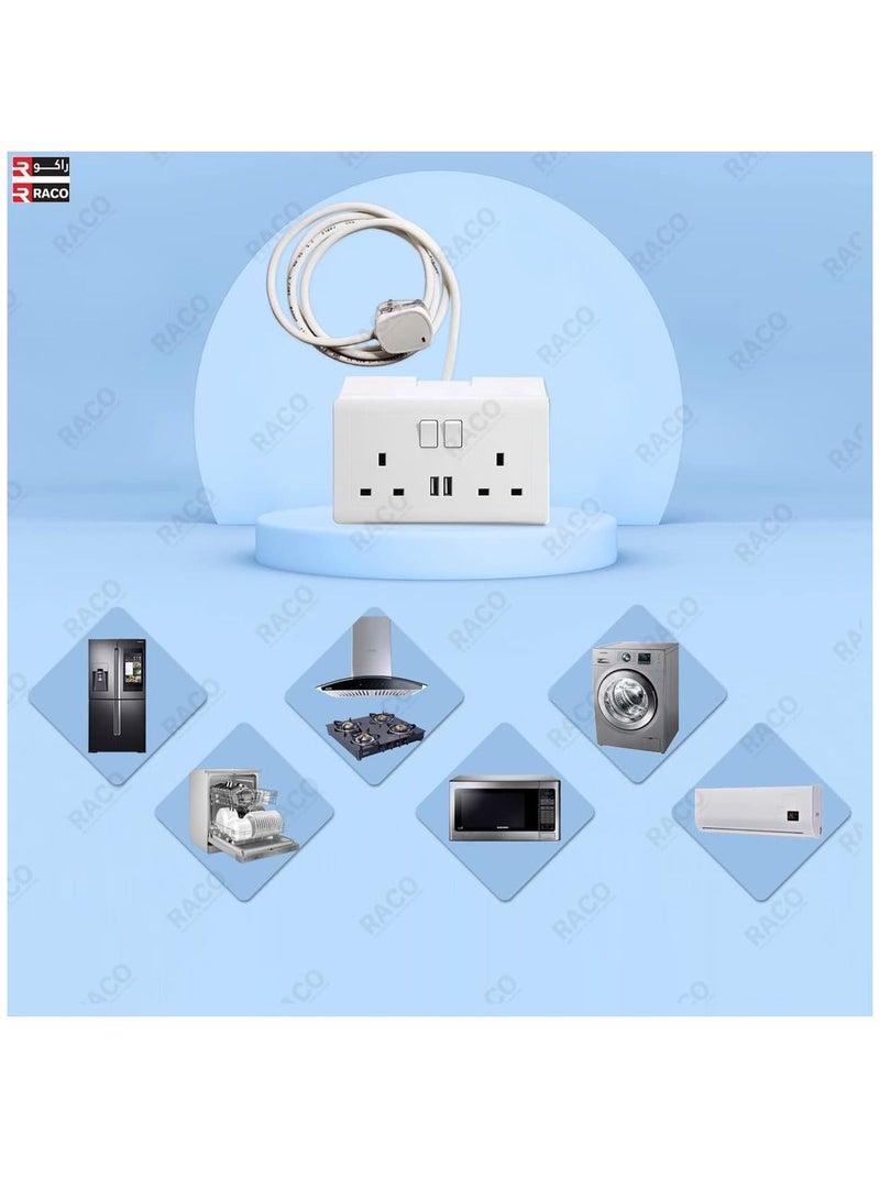 RACO Socket Extension Board | Heavy-Duty Cable Power Cord 13A Plug 220-250V Socket | Ideal for Various Indoor and Outdoor Uses (Dual Socket UK with USB and Type C Ports) - Image 5