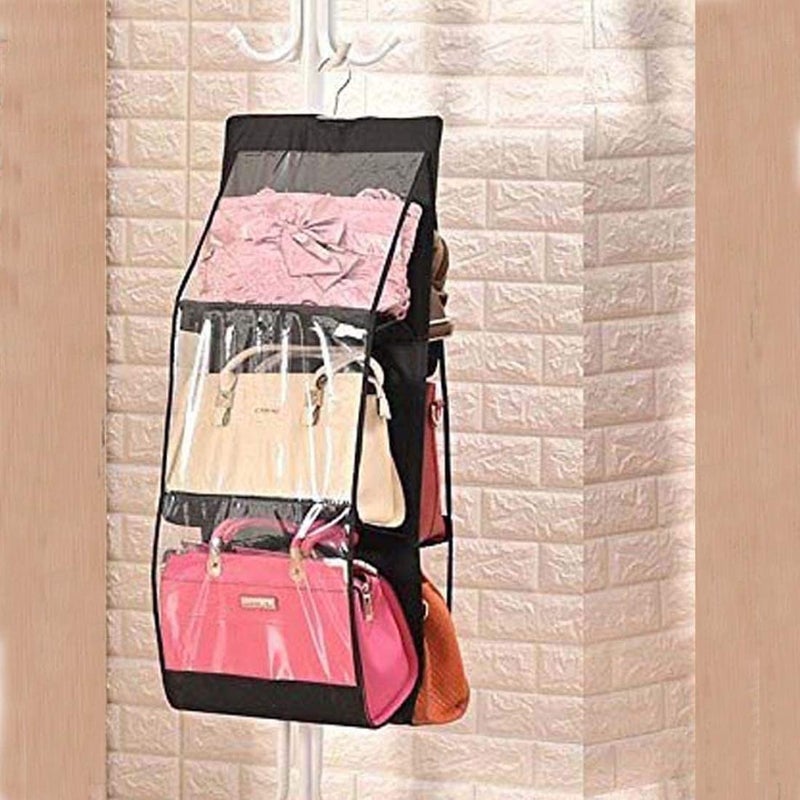 REPLEX Purse Handbag Organizer 6 Pocket Foldable Large Clear AntiDust Hanging Handbag Storage Organizer with Hook Purse Hanger Storage Holder for Wardrobe Closet - Image 2