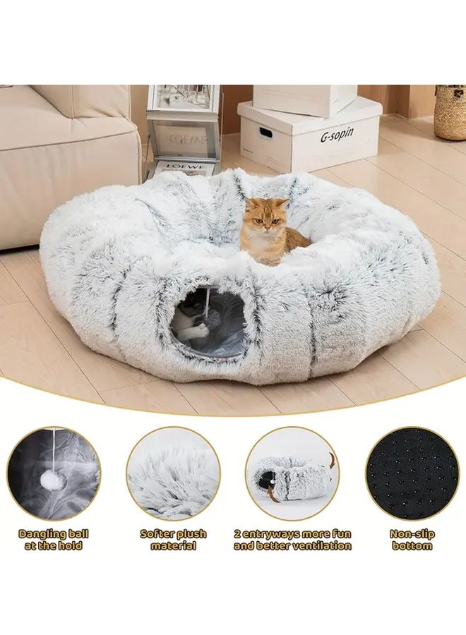 نفق قط رمادي مخملي مع وسادة قابل للفصل قابل للغسيل متعدد الوظائف قابل للتوصيل لأوقات اللعب والقيلولة - Image 2