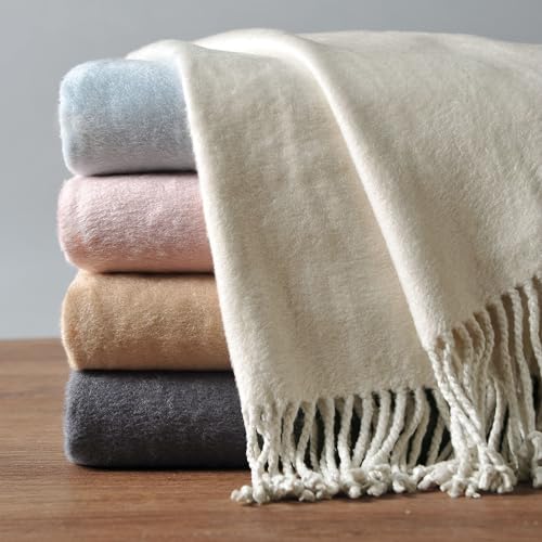 EP Mode Fringed Mulberry Silk Throw Blanket for Sofa (Whisper White) - Image 1