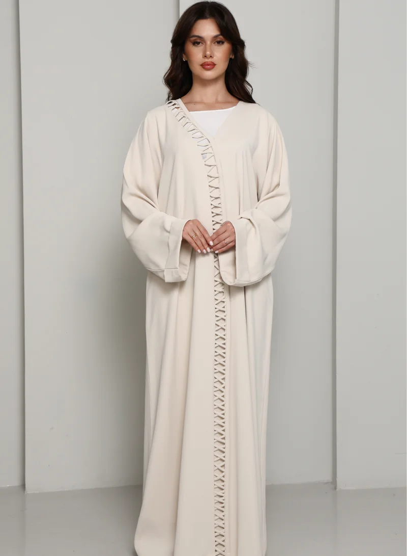 MSquare Fashion Ivory Open Abaya with Tonal Lattice Front Detailing