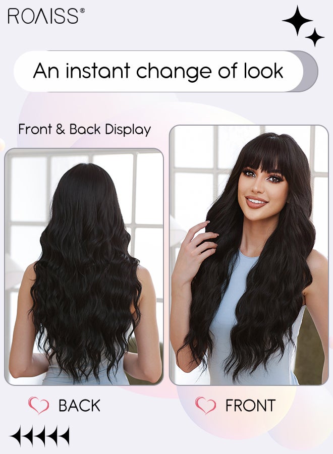 رويس شعر مستعار أسود طويل مموج مع غرة للنساء، شعر مستعار صناعي ناعم طبيعي مقاوم للحرارة لحفلات الزفاف والارتداء اليومي، أسود طبيعي، 66 سم (26 بوصة) - Image 4
