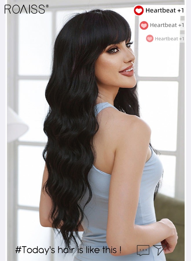 رويس شعر مستعار أسود طويل مموج مع غرة للنساء، شعر مستعار صناعي ناعم طبيعي مقاوم للحرارة لحفلات الزفاف والارتداء اليومي، أسود طبيعي، 66 سم (26 بوصة) - Image 2