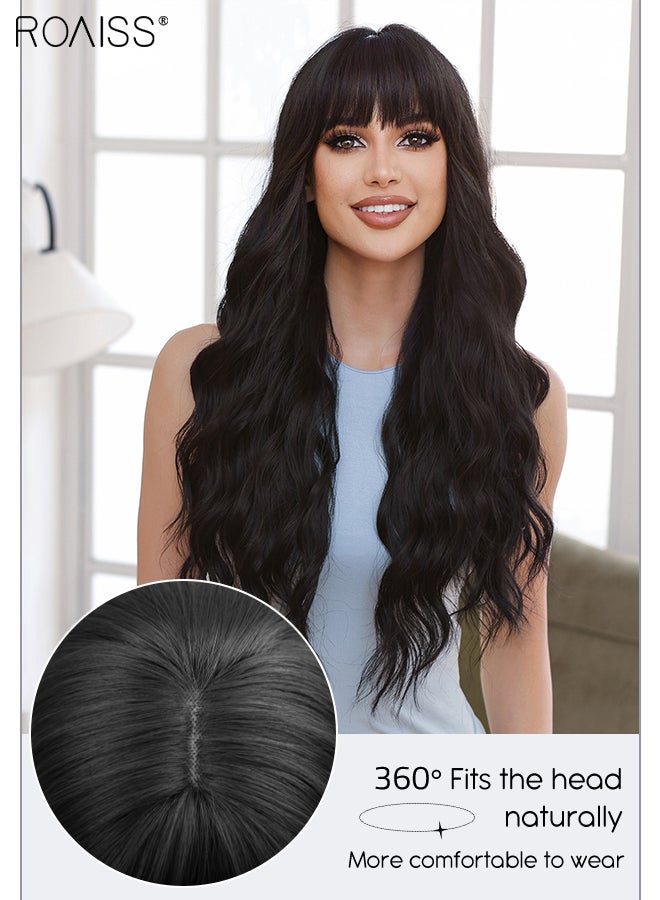 رويس شعر مستعار أسود طويل مموج مع غرة للنساء، شعر مستعار صناعي ناعم طبيعي مقاوم للحرارة لحفلات الزفاف والارتداء اليومي، أسود طبيعي، 66 سم (26 بوصة) - Image 5