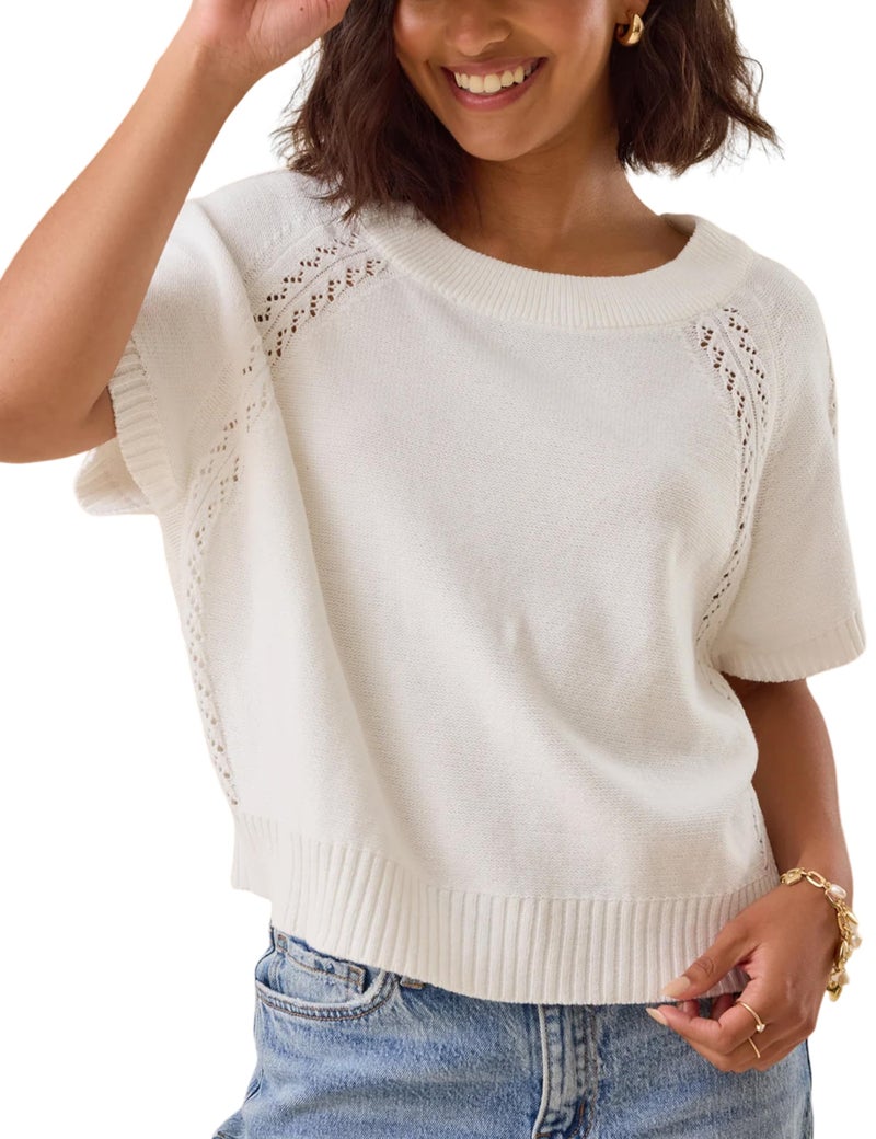 Yeokou Women Knit Crochet Top Short Sleeve Crew Neck Loose Fit Pullover Sweater Summer Fall Fashion Casual Knitted Blouse(Beige-L) - Image 1
