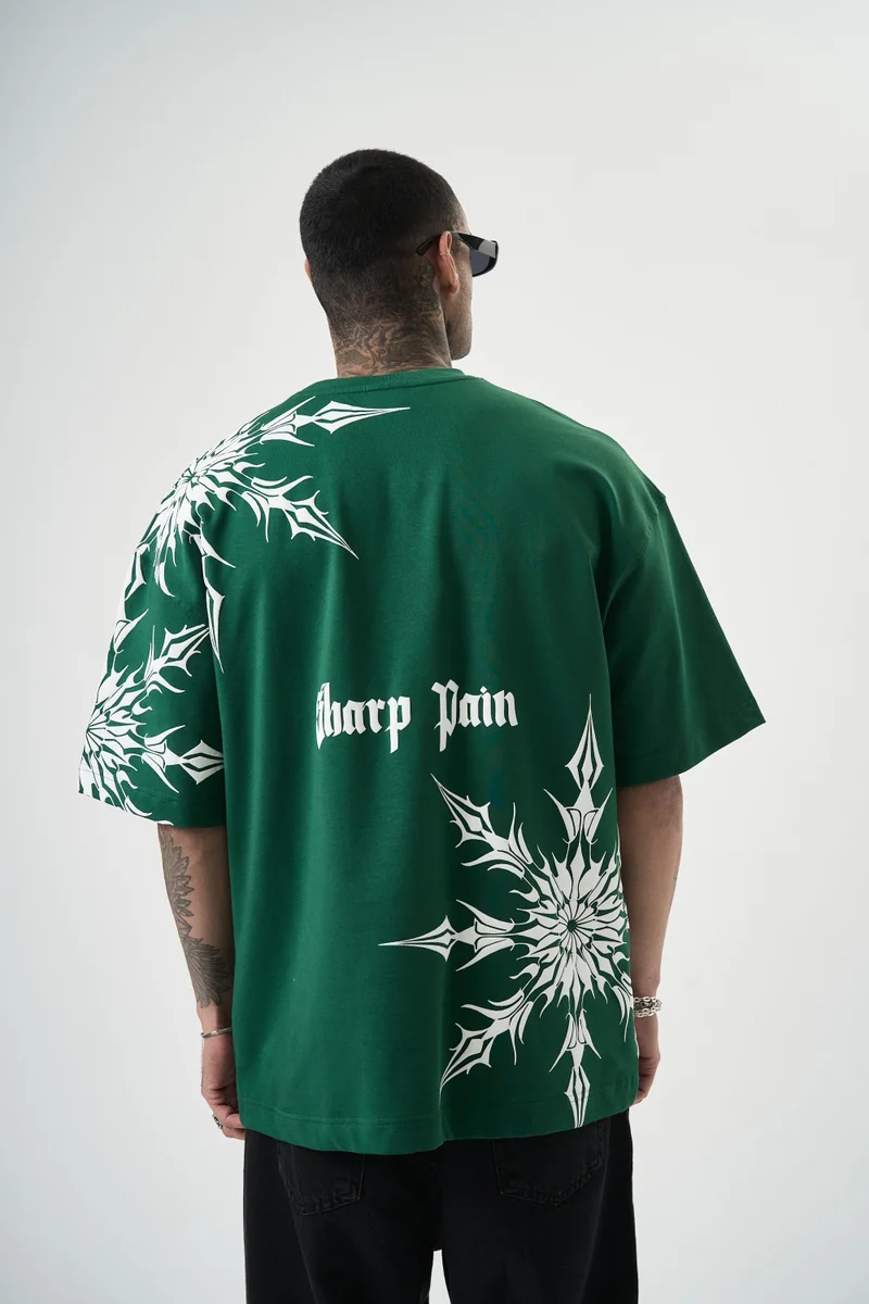 RESPIRE Men's Sharp Pain Print Oversize T-Shirt, Olive Green (Nefti)