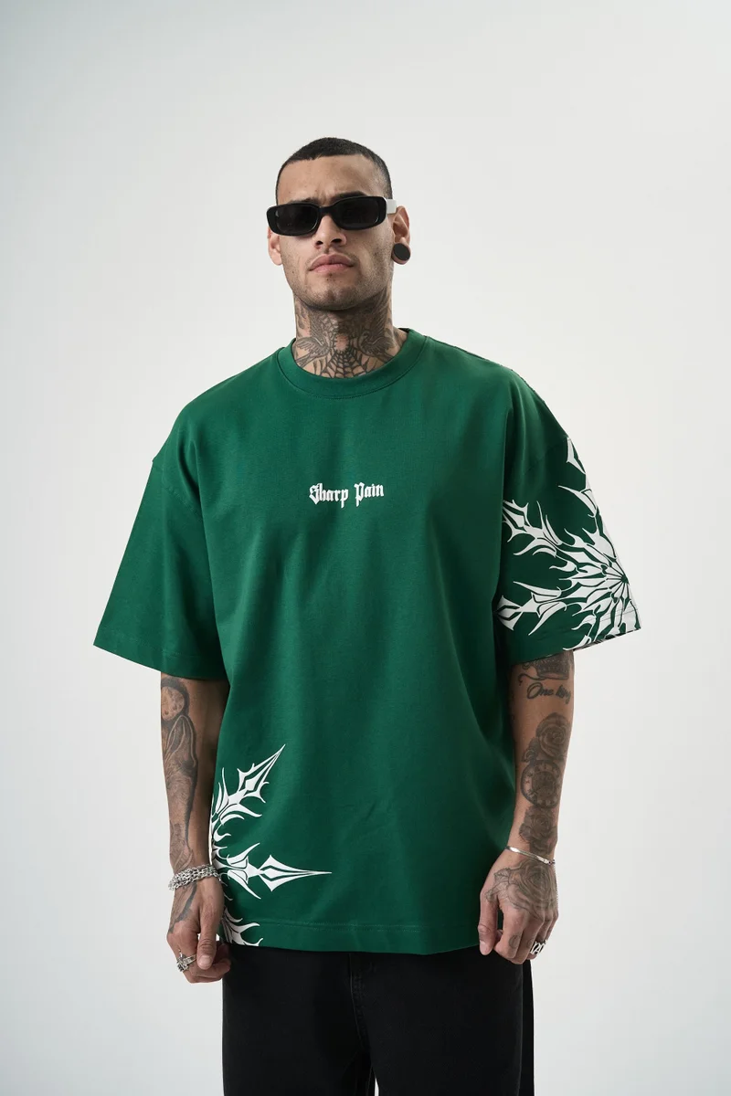 RESPIRE Men's Sharp Pain Print Oversize T-Shirt, Olive Green (Nefti)
