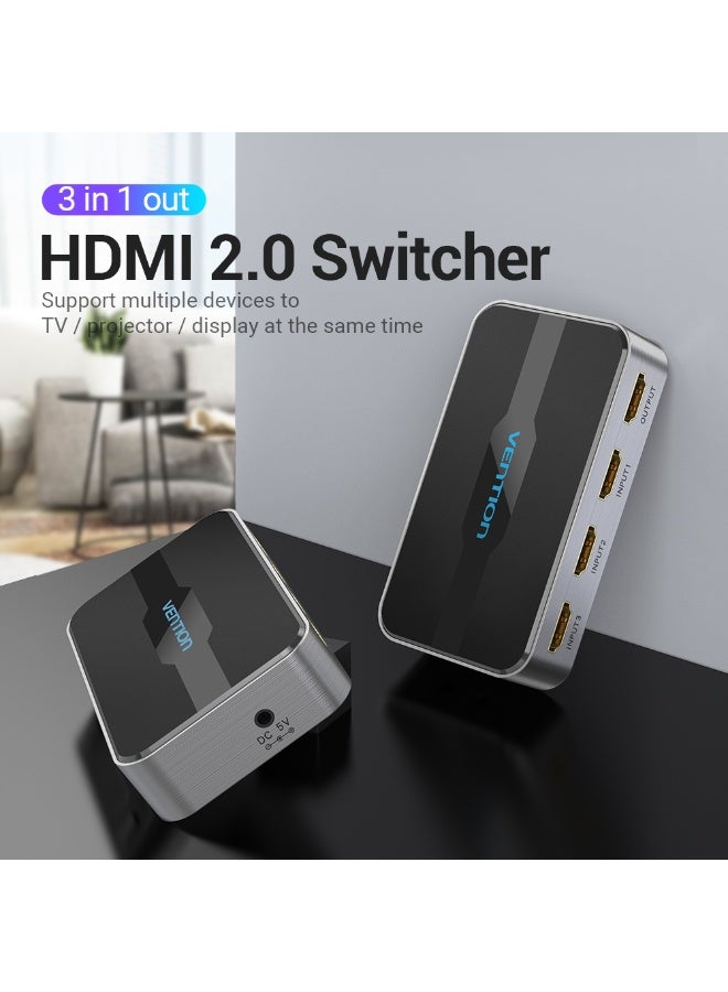 VENTION 3 in 1 out HDMI 2.0 Switcher Grey Aluminium Alloy Type Model # AFOH0 - Image 2
