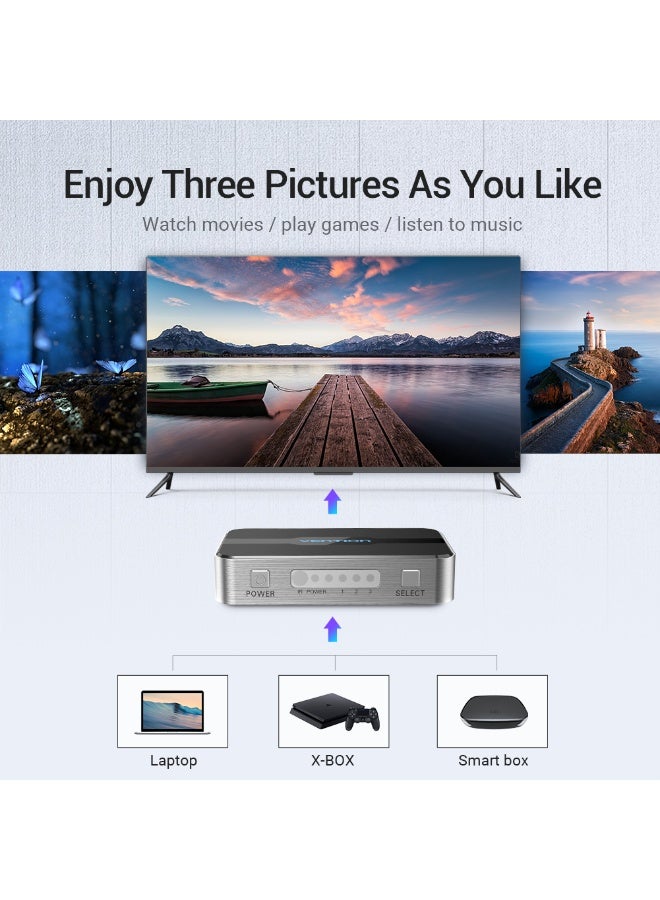 VENTION 3 in 1 out HDMI 2.0 Switcher Grey Aluminium Alloy Type Model # AFOH0 - Image 3
