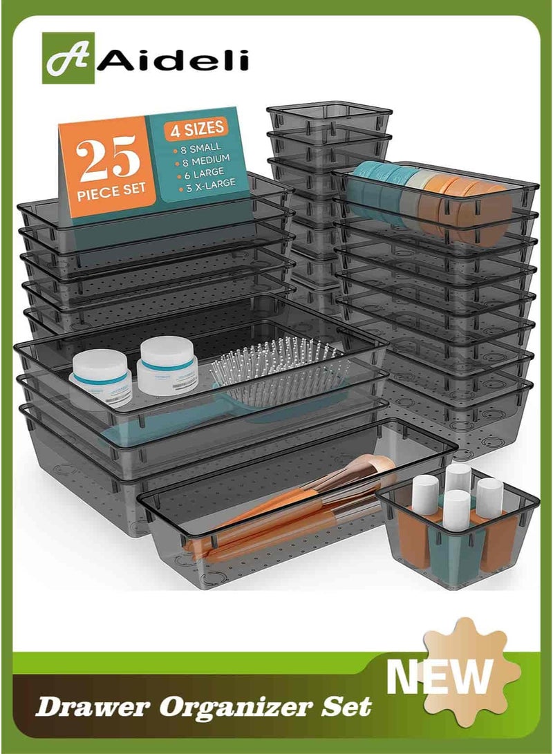 Aideli 25PCS Transparent Black Plastic Drawer Organizer Set with Non-Slip Pads – 4 Sizes Storage Trays for Bathroom, Kitchen, Makeup, Desk & Office - Image 1
