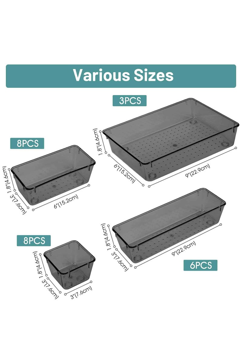 Aideli 25PCS Transparent Black Plastic Drawer Organizer Set with Non-Slip Pads – 4 Sizes Storage Trays for Bathroom, Kitchen, Makeup, Desk & Office - Image 3