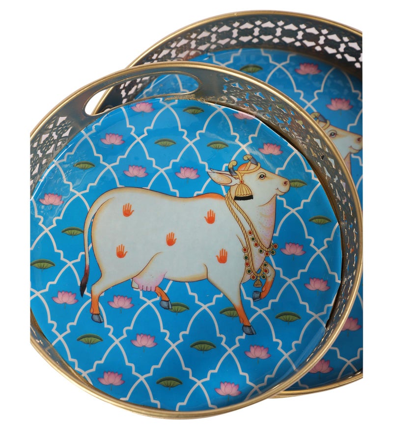 Two Moustaches Kamdhenu Cow Design Serving Trays Set (8 Inches & 10 Inches), Serving Plates for Home, Serving Platters for Tea/Coffee/Fruits/Snacks, Decorative Pichwai Tray, Multicolored, Pack of 2 - Image 2