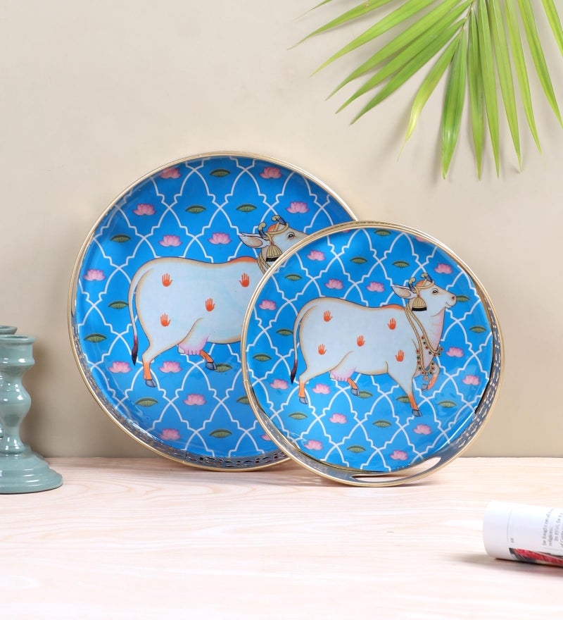 Two Moustaches Kamdhenu Cow Design Serving Trays Set (8 Inches & 10 Inches), Serving Plates for Home, Serving Platters for Tea/Coffee/Fruits/Snacks, Decorative Pichwai Tray, Multicolored, Pack of 2 - Image 1