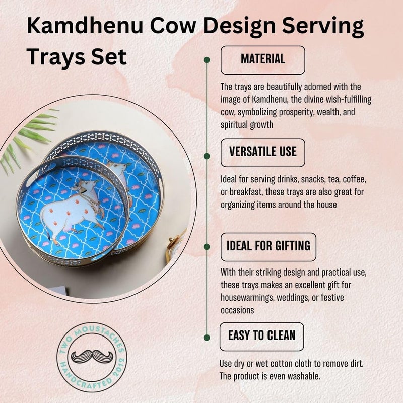 Two Moustaches Kamdhenu Cow Design Serving Trays Set (8 Inches & 10 Inches), Serving Plates for Home, Serving Platters for Tea/Coffee/Fruits/Snacks, Decorative Pichwai Tray, Multicolored, Pack of 2 - Image 5