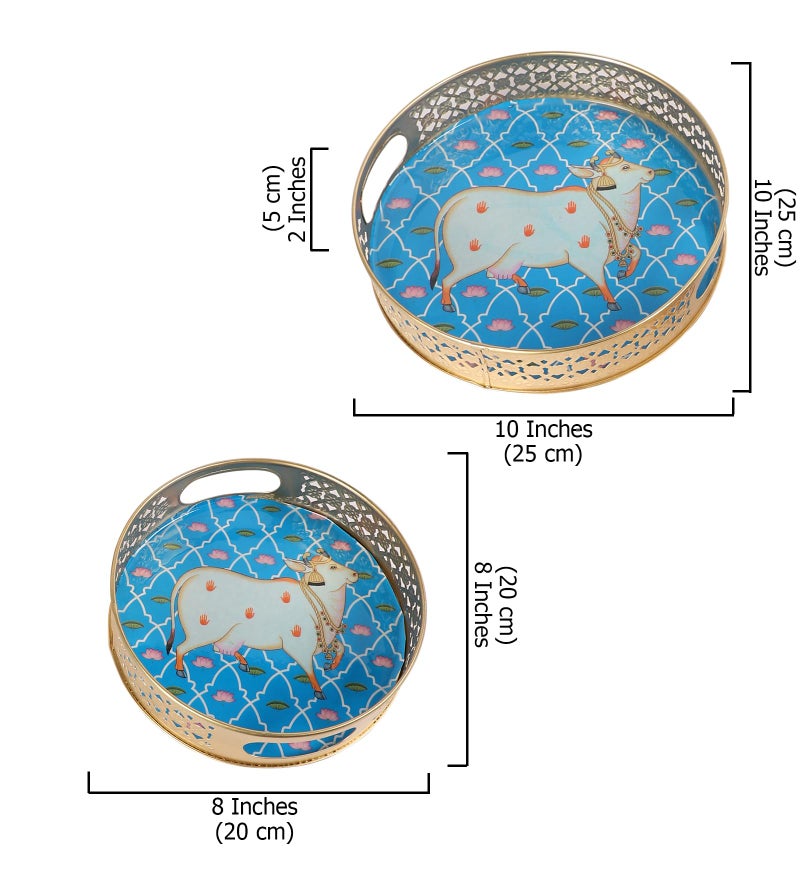 Two Moustaches Kamdhenu Cow Design Serving Trays Set (8 Inches & 10 Inches), Serving Plates for Home, Serving Platters for Tea/Coffee/Fruits/Snacks, Decorative Pichwai Tray, Multicolored, Pack of 2 - Image 4