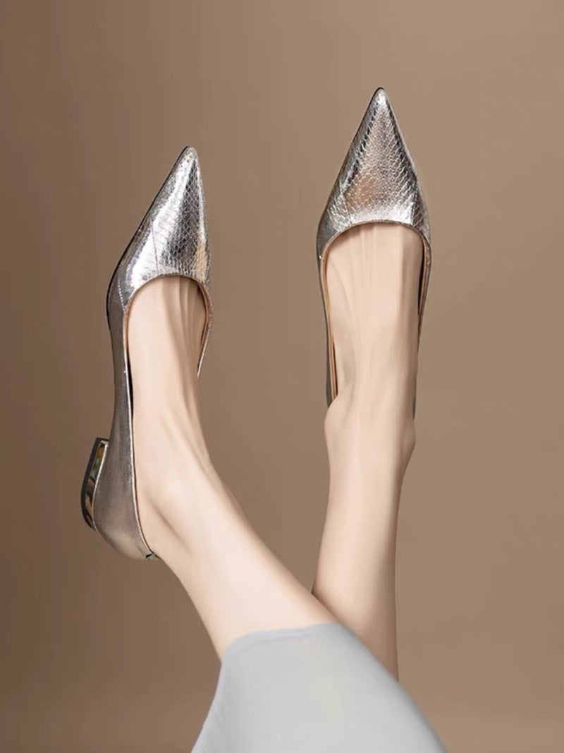 2024 Spring And Style Leather Pattern Pointed Toe Low Heel Flat Shoes Shallow Mouth All-Match Women'S Shoes Silver Temperament Single Shoes For Women - Image 1